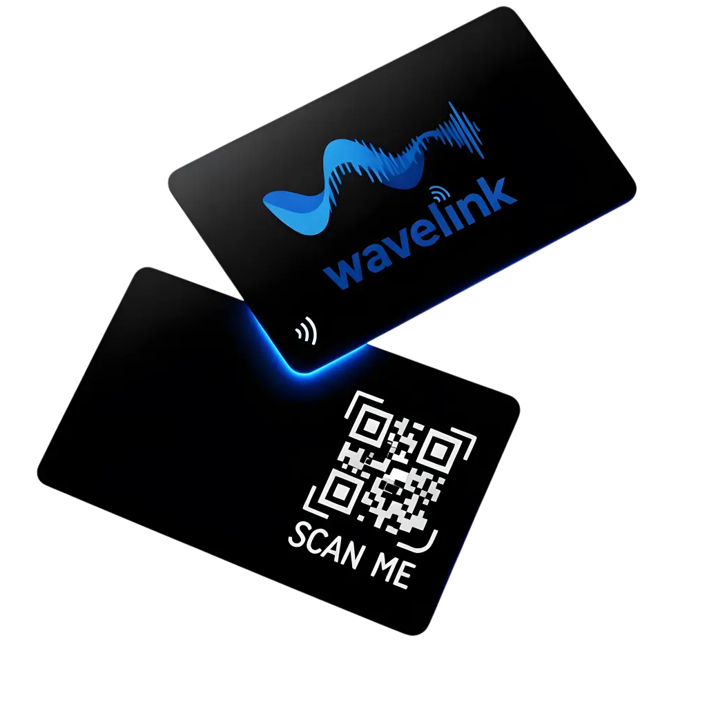 Wavelink NFC card, matte black with blue Wavelink wave and SCAN ME QR